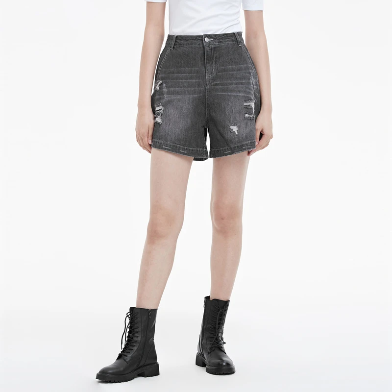 S·DEER圣迪奥女装时尚休闲百搭做旧破洞插袋牛仔A字短裤S22280915