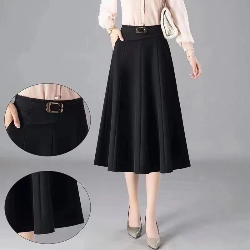 【春秋伞裙】671时尚简约黑色松紧腰A字中长裙金属扣设计感西装料