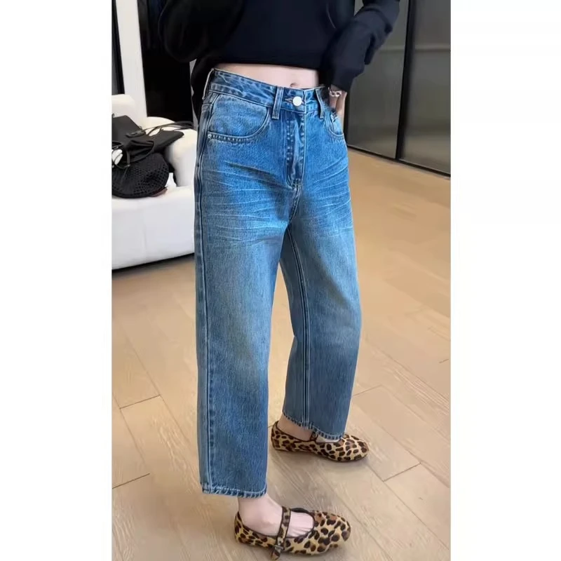 直筒牛仔裤女窄版阔腿裤夏季2025新款梨型身材高腰显瘦百搭九分裤