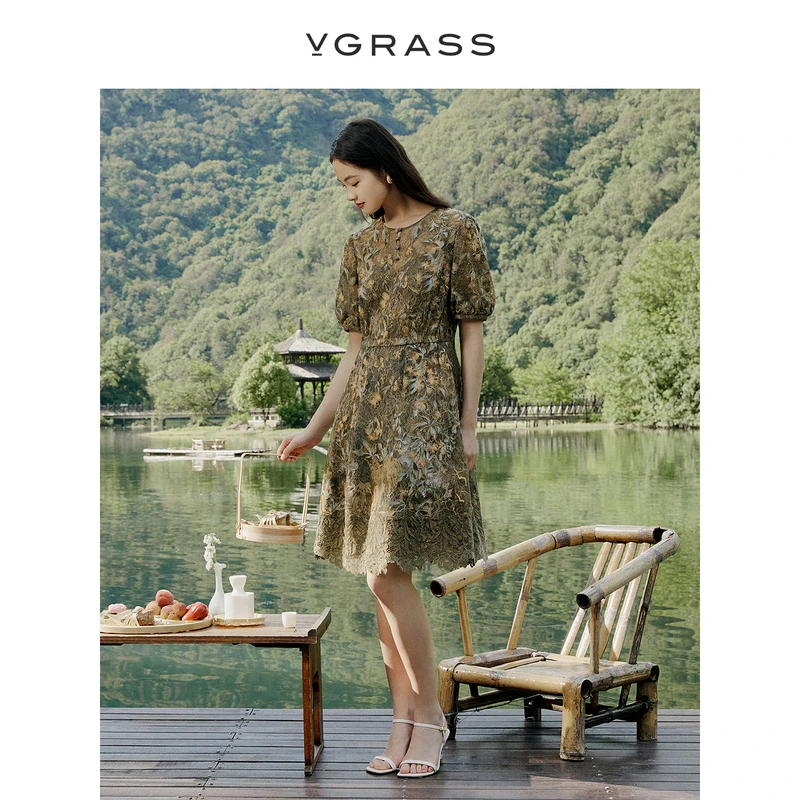 VGRASS网纱贴布绣印花连衣裙夏季新款气质温婉大方衣服VSL2P2269A
