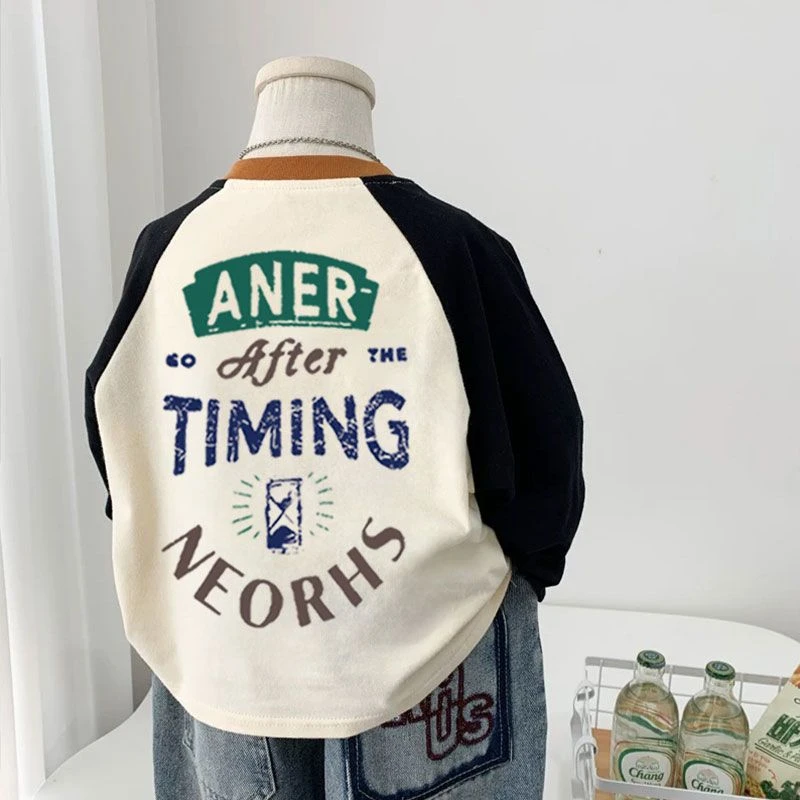 春秋新款儿童纯棉长袖T恤插肩袖韩版潮t卡通男女童圆领拼色打底衫