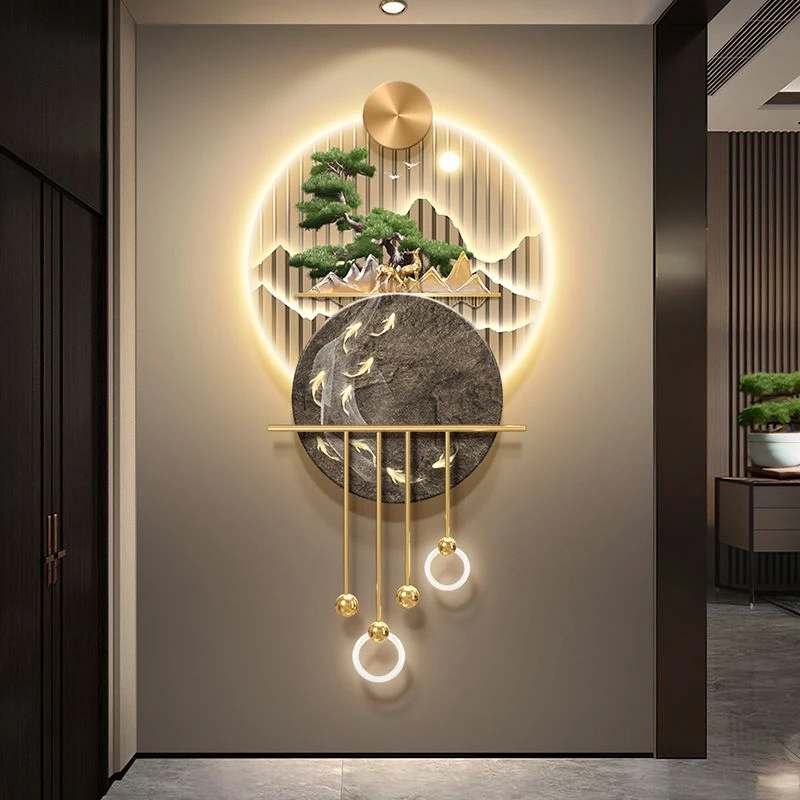 山水迎客松玄关装饰画九鱼图入户正对门壁画灯新中式走廊过道挂画