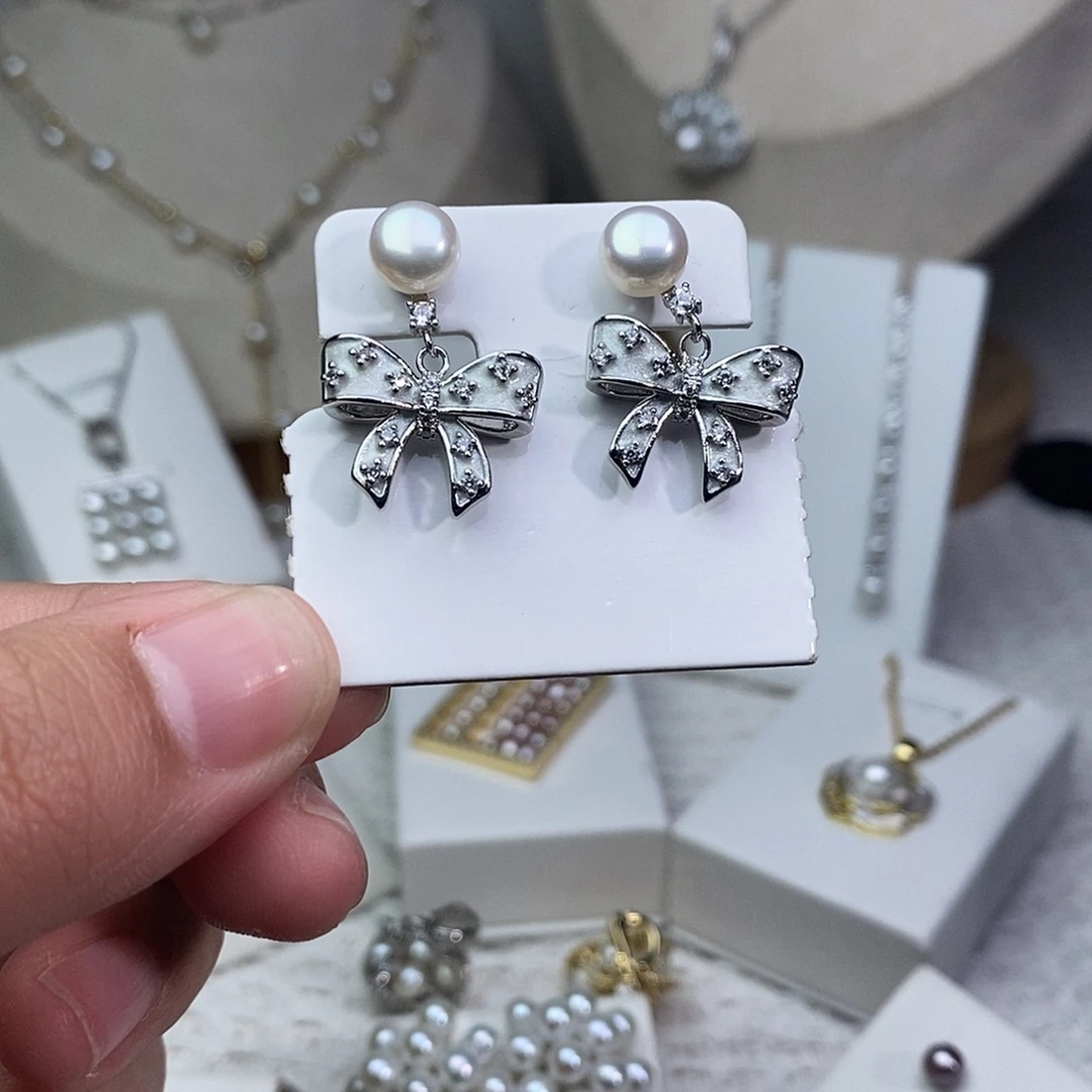 耳饰银S925镶嵌淡水珍珠