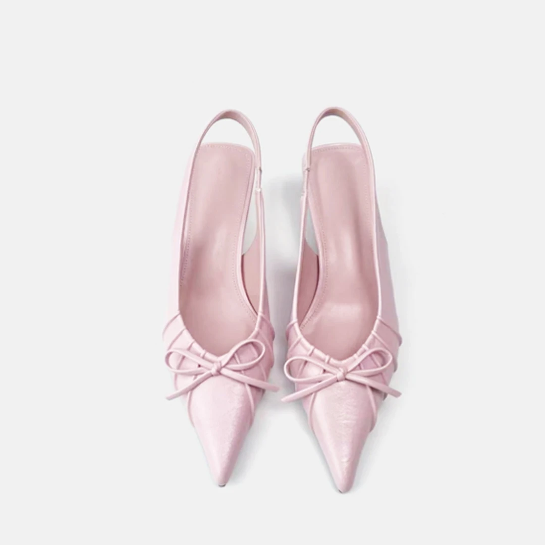 法式尖头小猫跟包头凉鞋女25春夏英伦风蝴蝶结一字带百搭高跟鞋