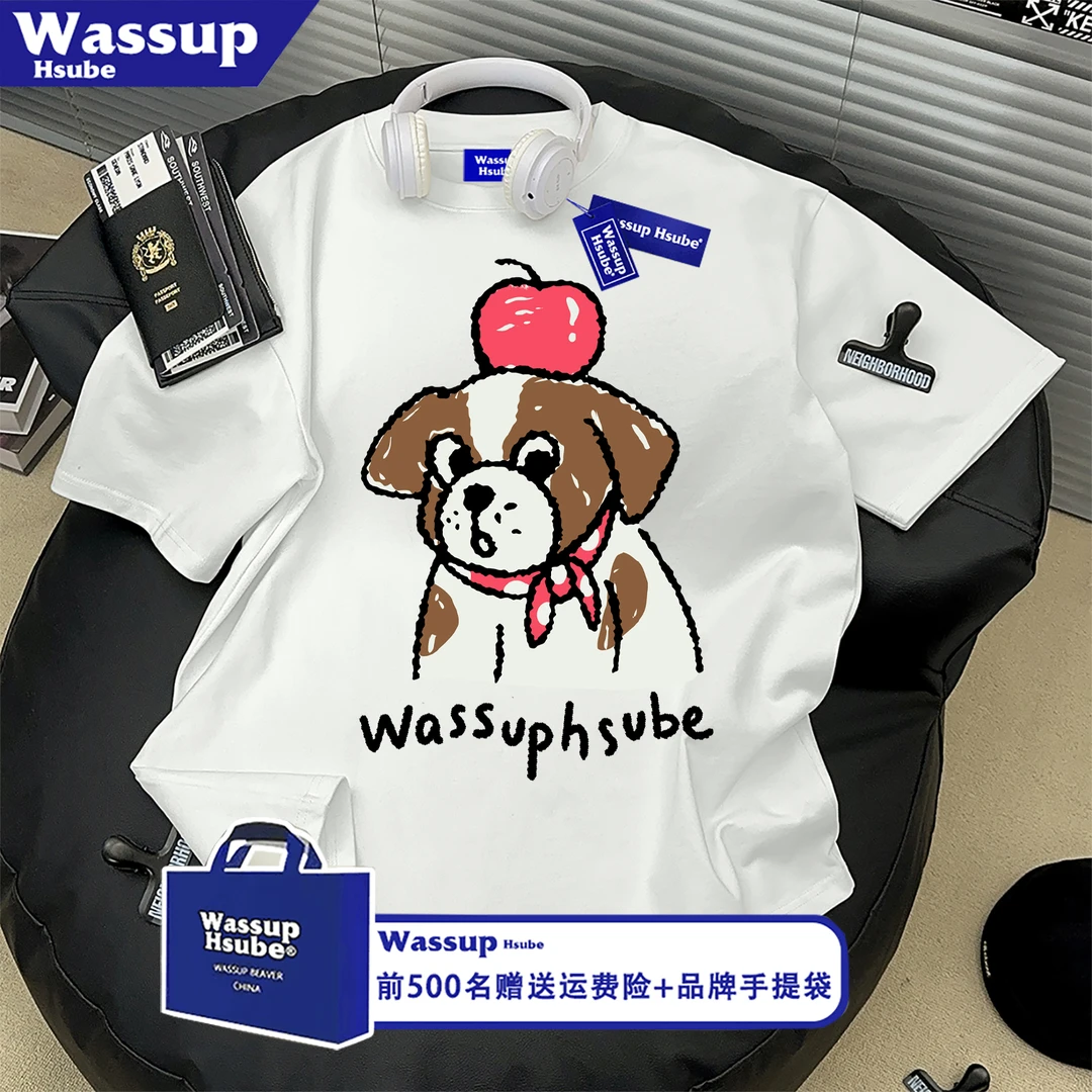 WASSUP HSUBE趣味苹果小狗印花纯棉短袖男女ins设计感百搭半袖T恤