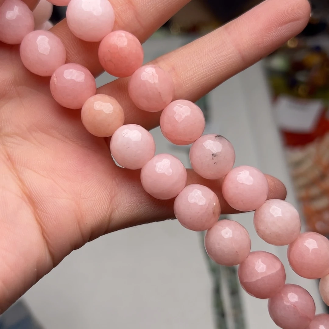 玛瑙/玉髓合金珠宝半成品W494。11.4mm粉玉刻面圆珠一条