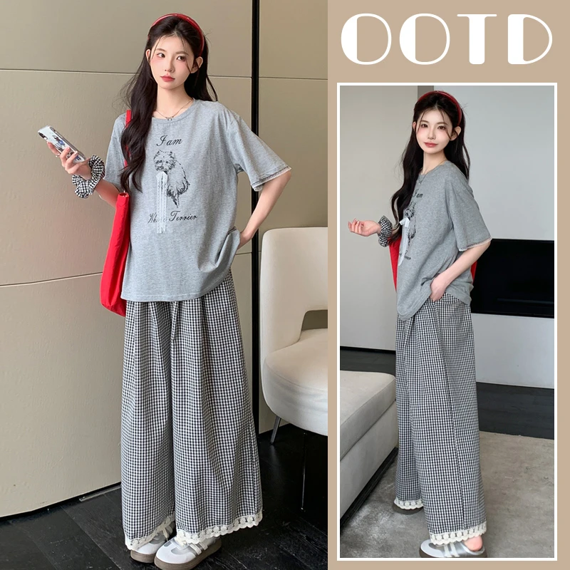 孕妇套装宽松减龄夏季薄款新品卡通夏装花边阔腿裤时尚显瘦遮肚子