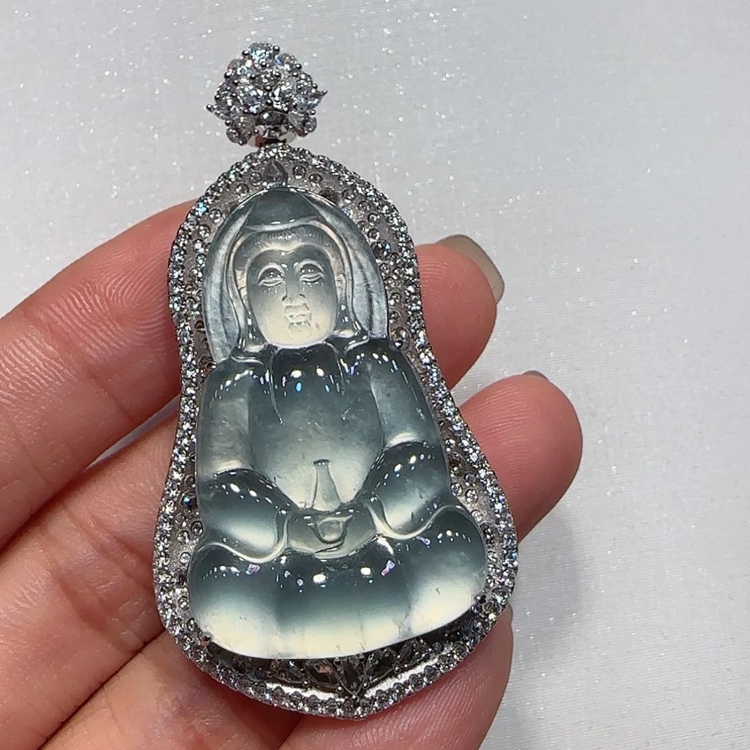 翡翠吊坠(不含链)18K金镶嵌观音