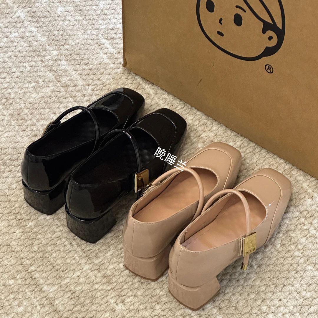 晚睡兰·内增高7.5cm法式气质方头浅口单鞋女春季通勤粗跟玛丽珍鞋