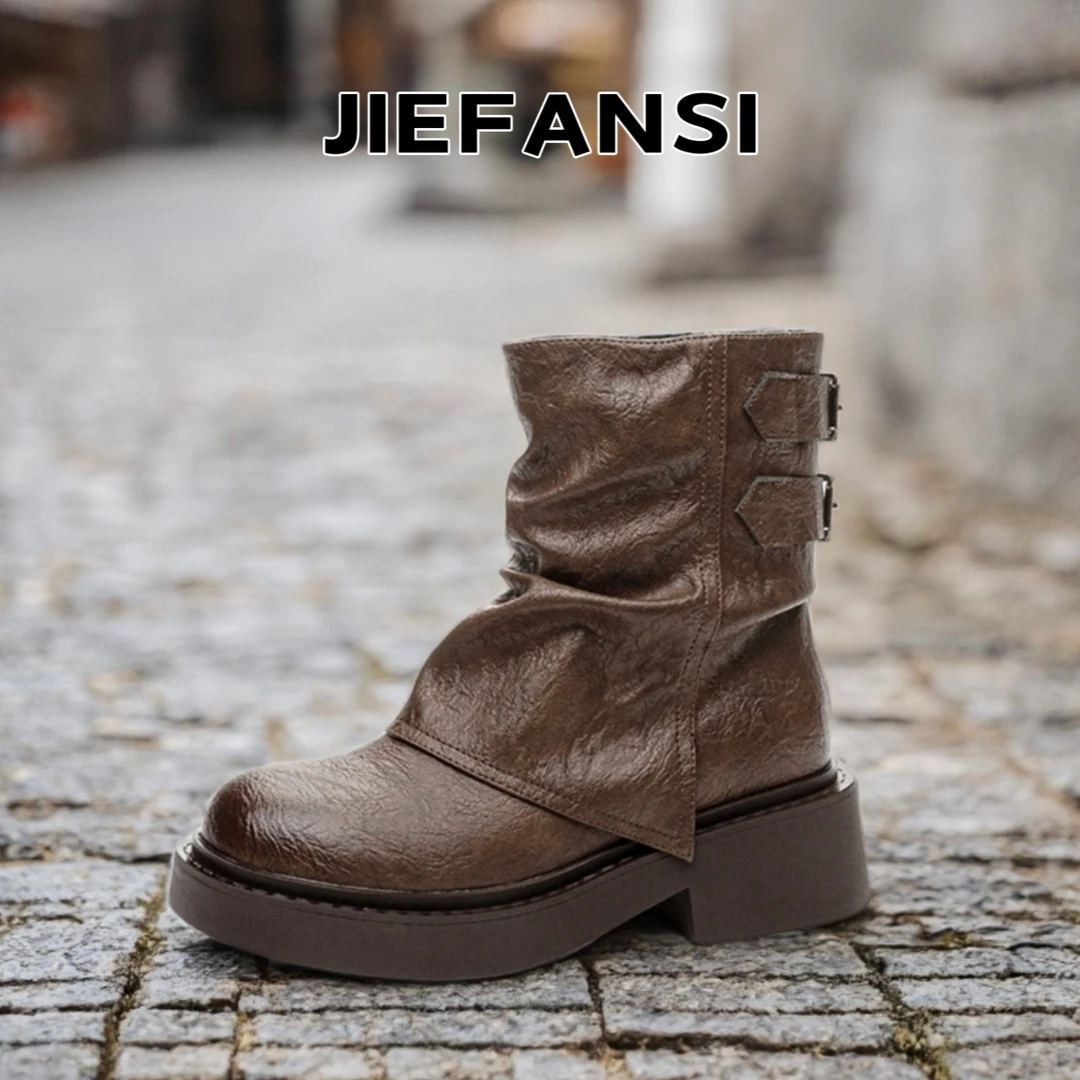 英伦风短筒靴子女2025新款秋冬褶皱骑士靴厚底裤管靴女堆堆学生靴