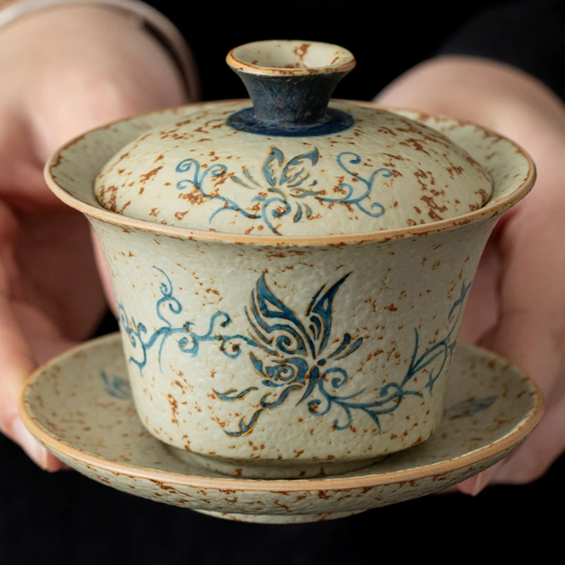 手绘汝窑火石红悬停三才盖碗泡茶碗敬茶碗开片可养中式复古茶具