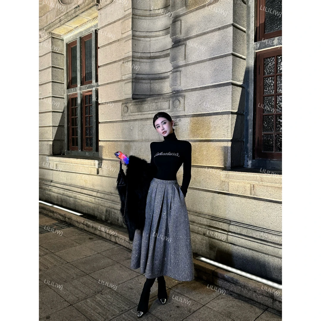 婉君【电影女主】法式高级感亮片时尚中长款半身裙LWJ24D4Q2577