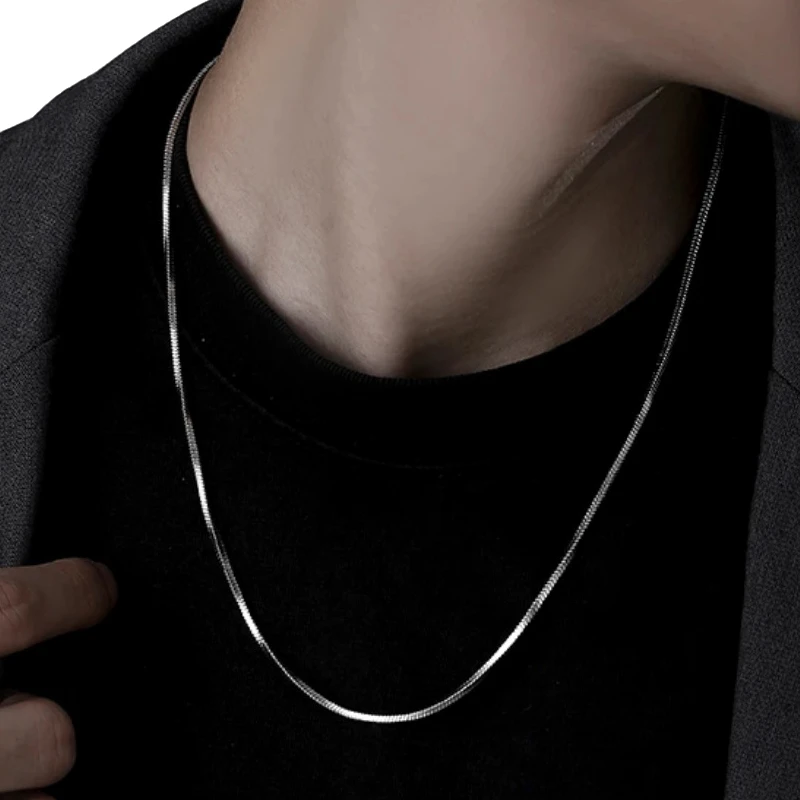 链子925银 闪项链男款潮百搭纯银四方蛇骨链女士链子细锁骨链素链