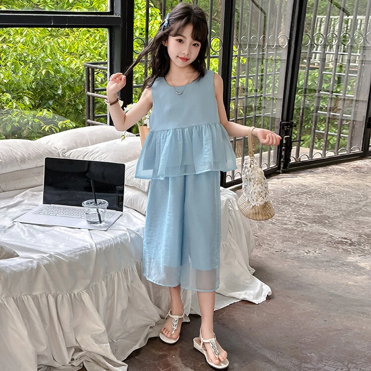 女童夏季套装儿童韩系无袖阔腿裤两件套大童夏装8岁9女孩甜美衣服