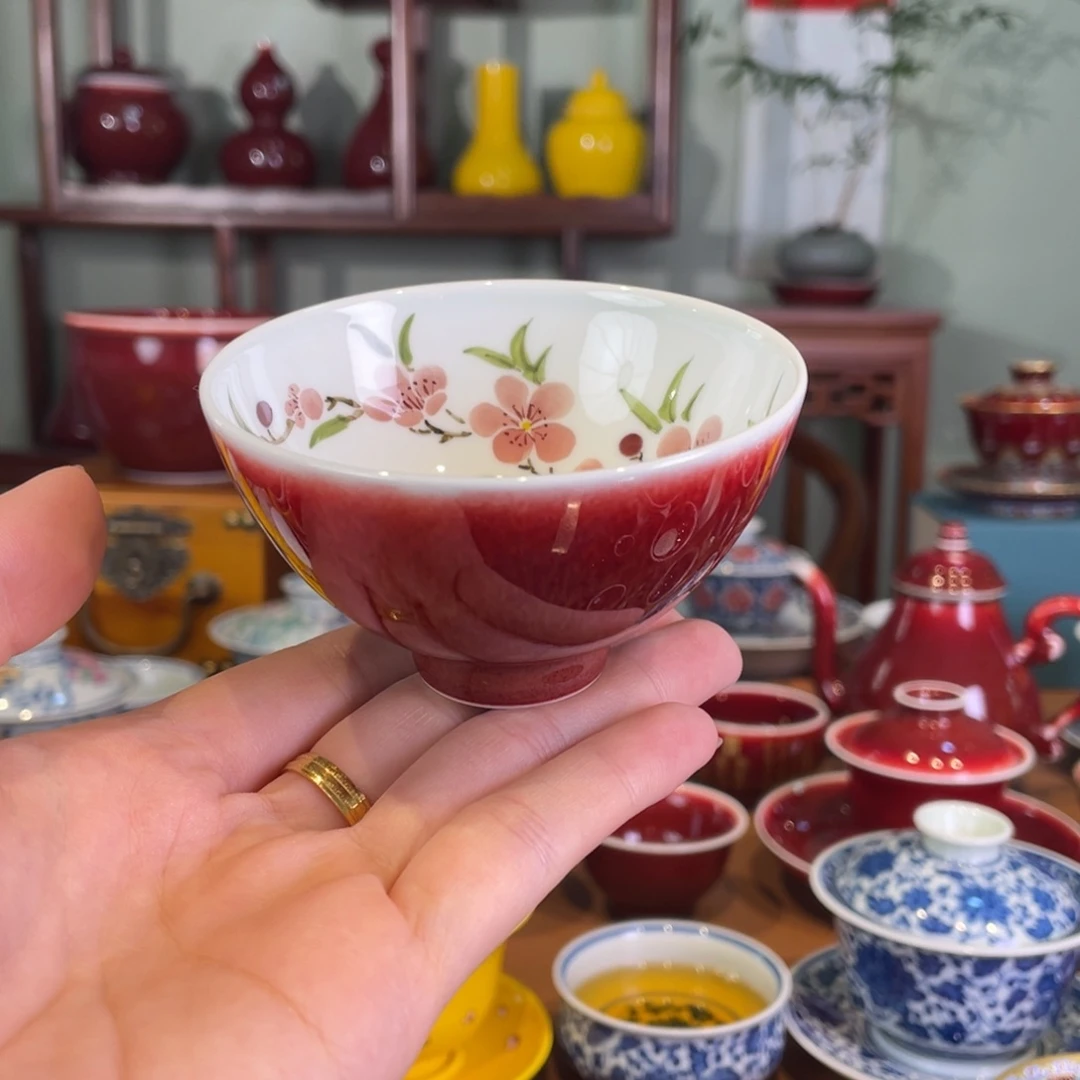 清欢雅玩原矿郎红精品内绘桃花鸡心杯