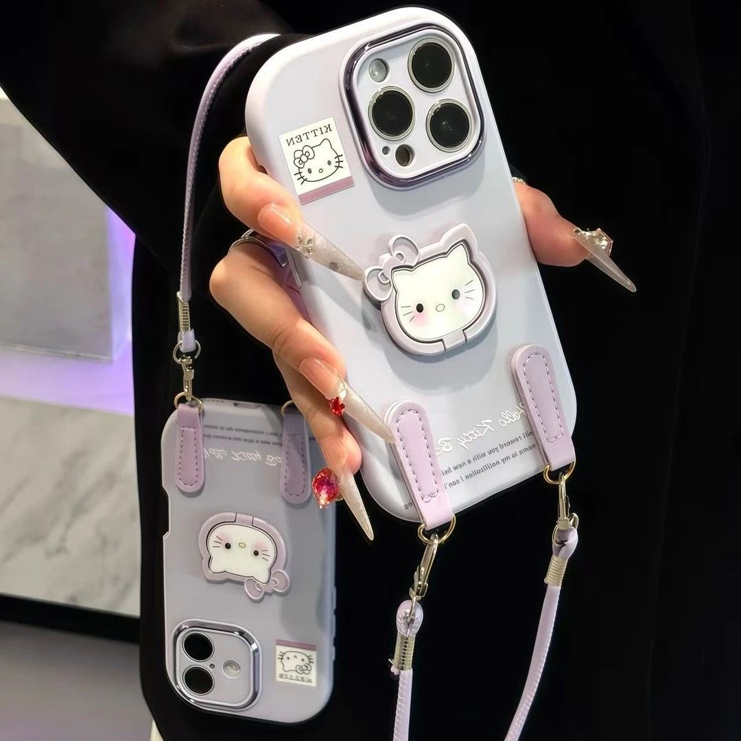 适用香芋紫Kitty酱支架挂绳苹果17手机壳iPhone16小米vivoppo华为