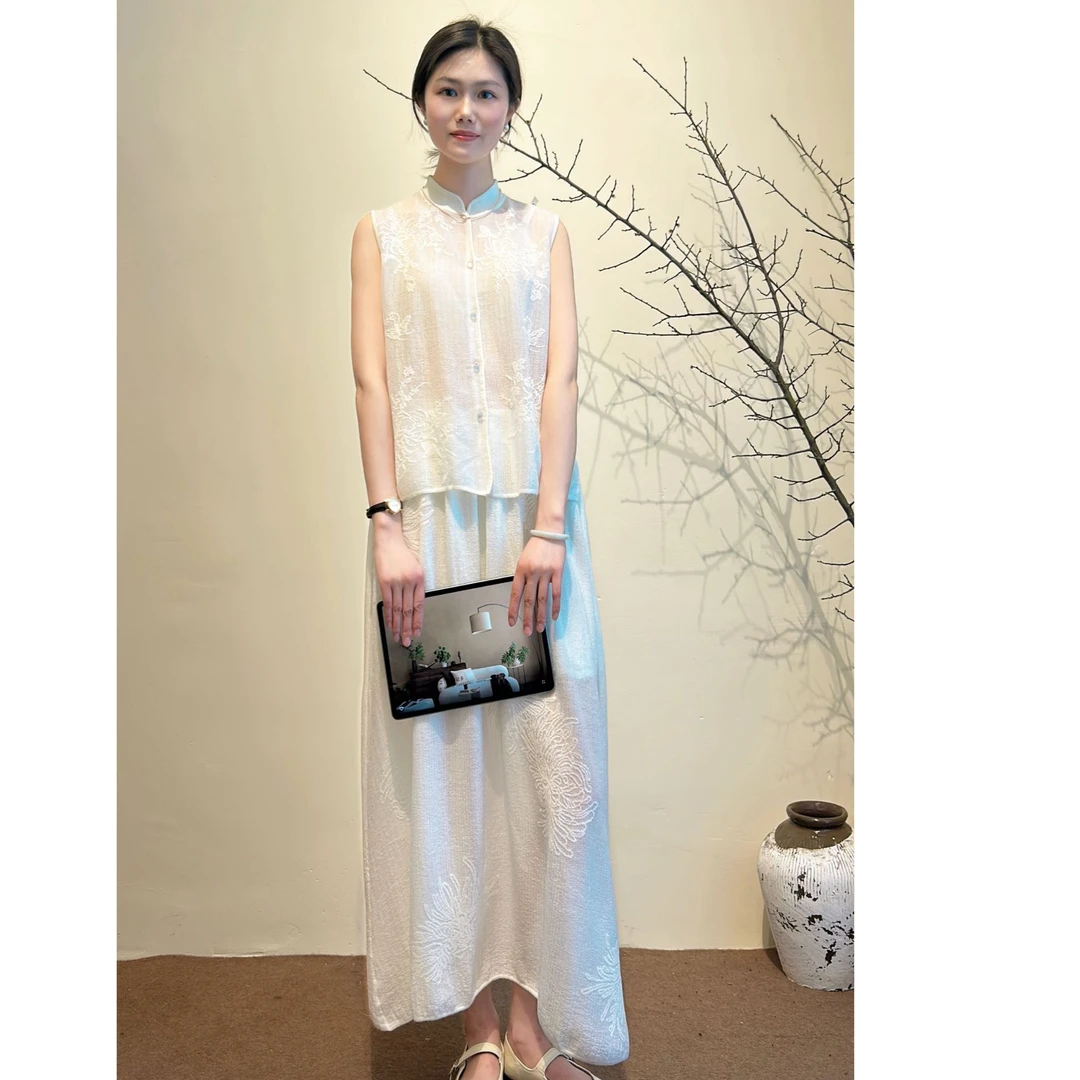 新中风绣花套装新中式无袖提花