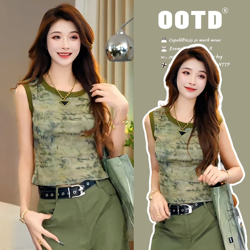 美式复古网纱字母印花t恤女2025年夏季新款气质修身显瘦无袖上衣