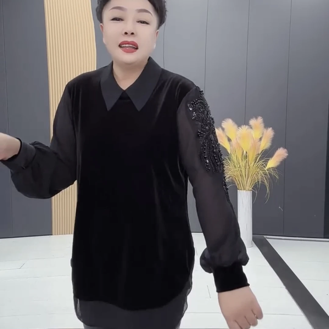 鑫家8875新款丝绒拼接雪纺上衣假两件上衣