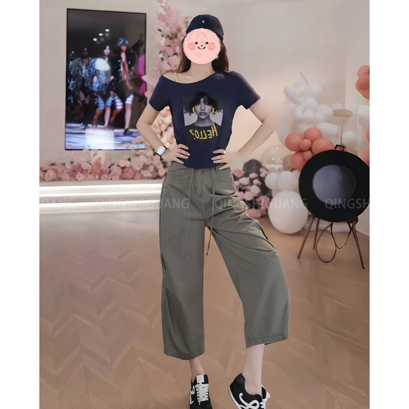 2025夏季新款时尚简约百搭斜肩上衣百搭宽松显瘦抽绳阔腿裤套装女