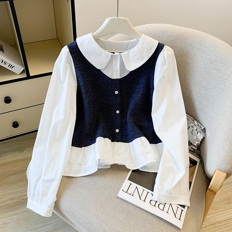 法式娃娃领花边撞色假两件长袖衬衫女新款气质短款别致减龄上衣潮