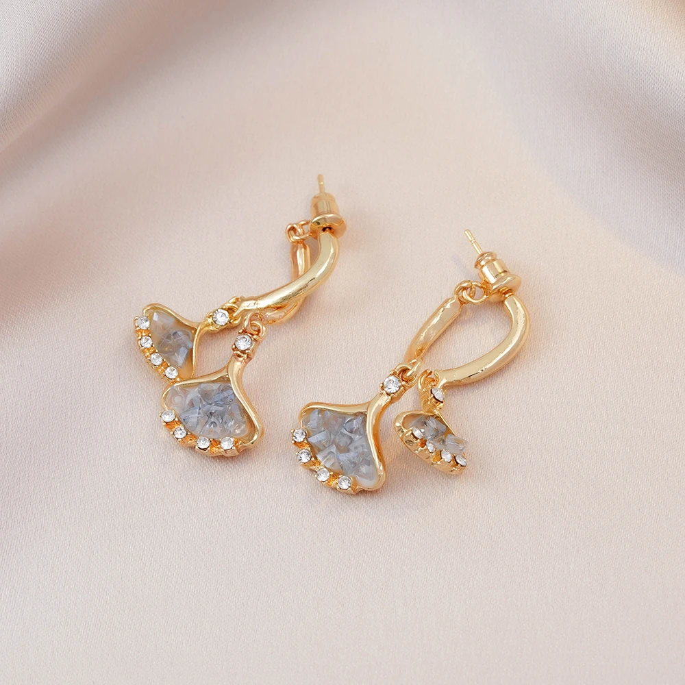 铜合金耳饰 新款简约淡蓝色银杏叶耳女小众独特耳钉小清新款N2013