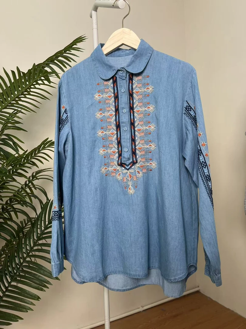 【圆角翻领刺绣牛仔棉衬衫】2726