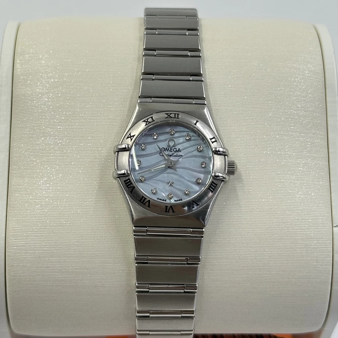 99新 Omega/欧米茄 穿孔钢色紫盘石英表星座钢带22.5mm/JX008