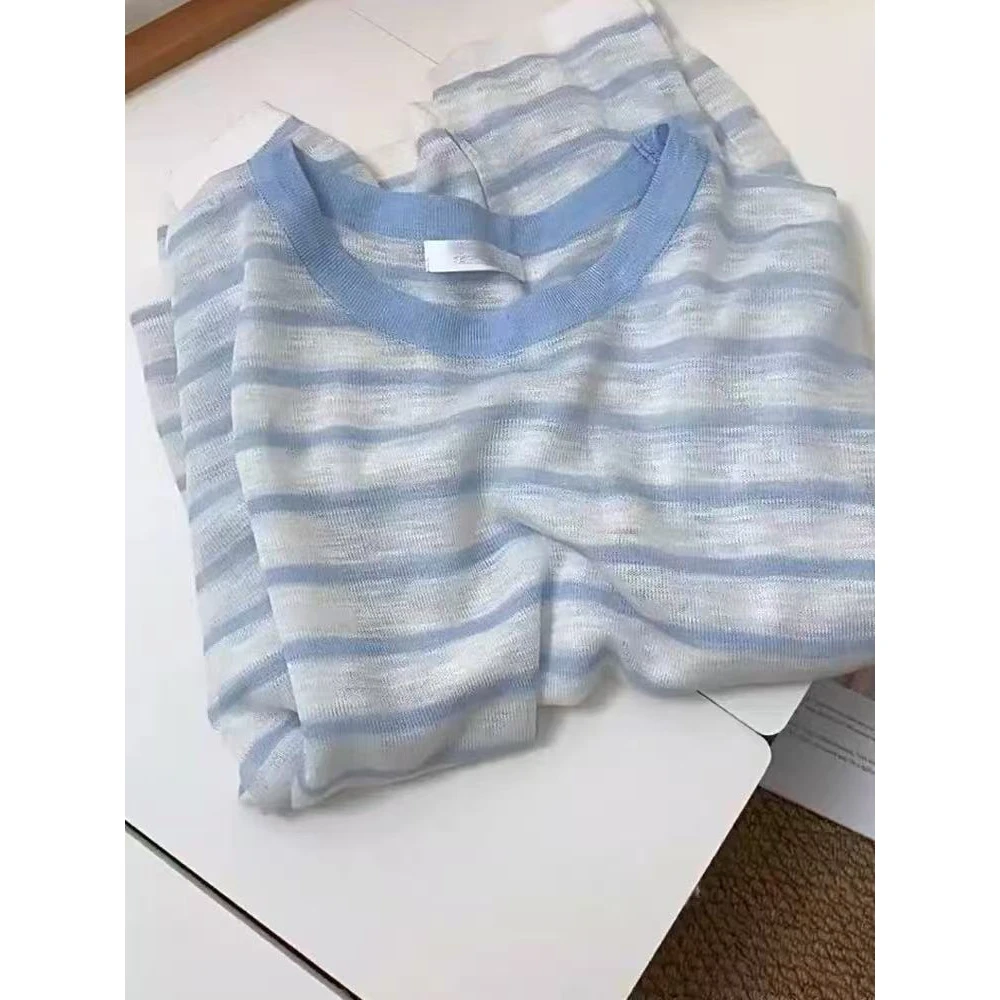 好穿！怒推，蓝色条纹长袖针织衫女夏宽松慵懒防晒罩衫圆领百搭上衣