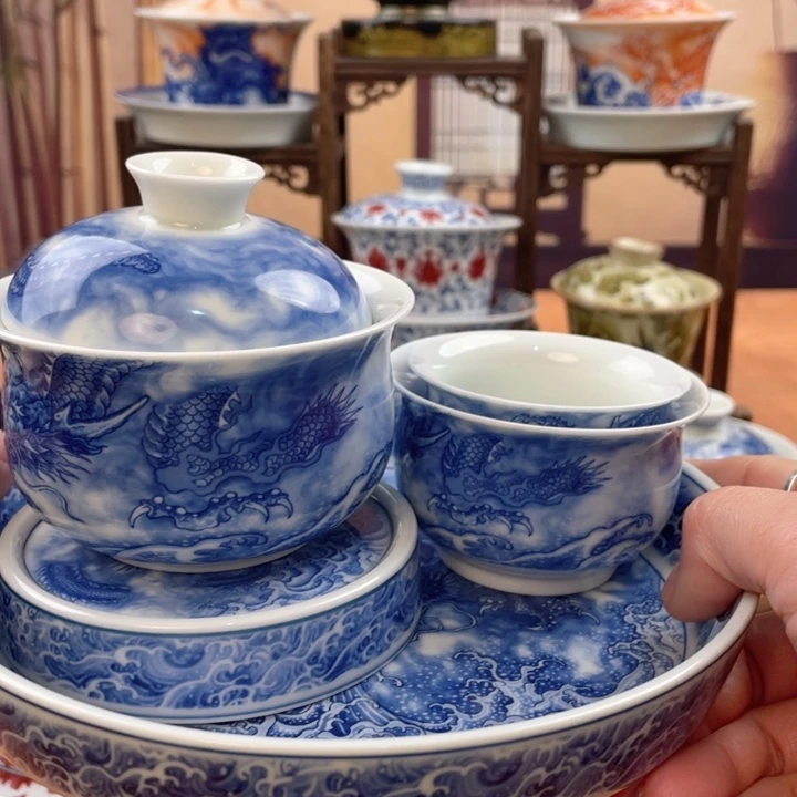 摆件陶青花龙吸水五件套