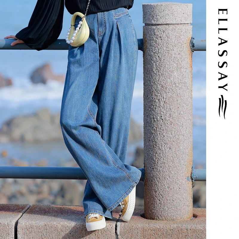 ELLASSAY歌力思秋季新款棉感阔腿直筒牛仔裤女EWB353N00800