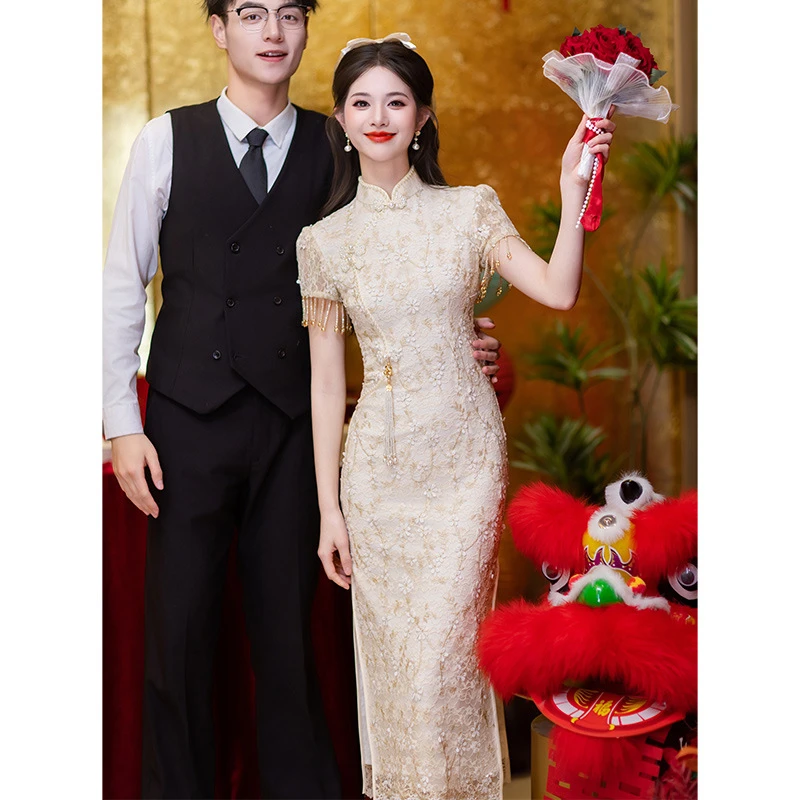 蕾丝敬酒服新娘订婚礼服连衣裙中式旗袍回门服2025新款高级感修身