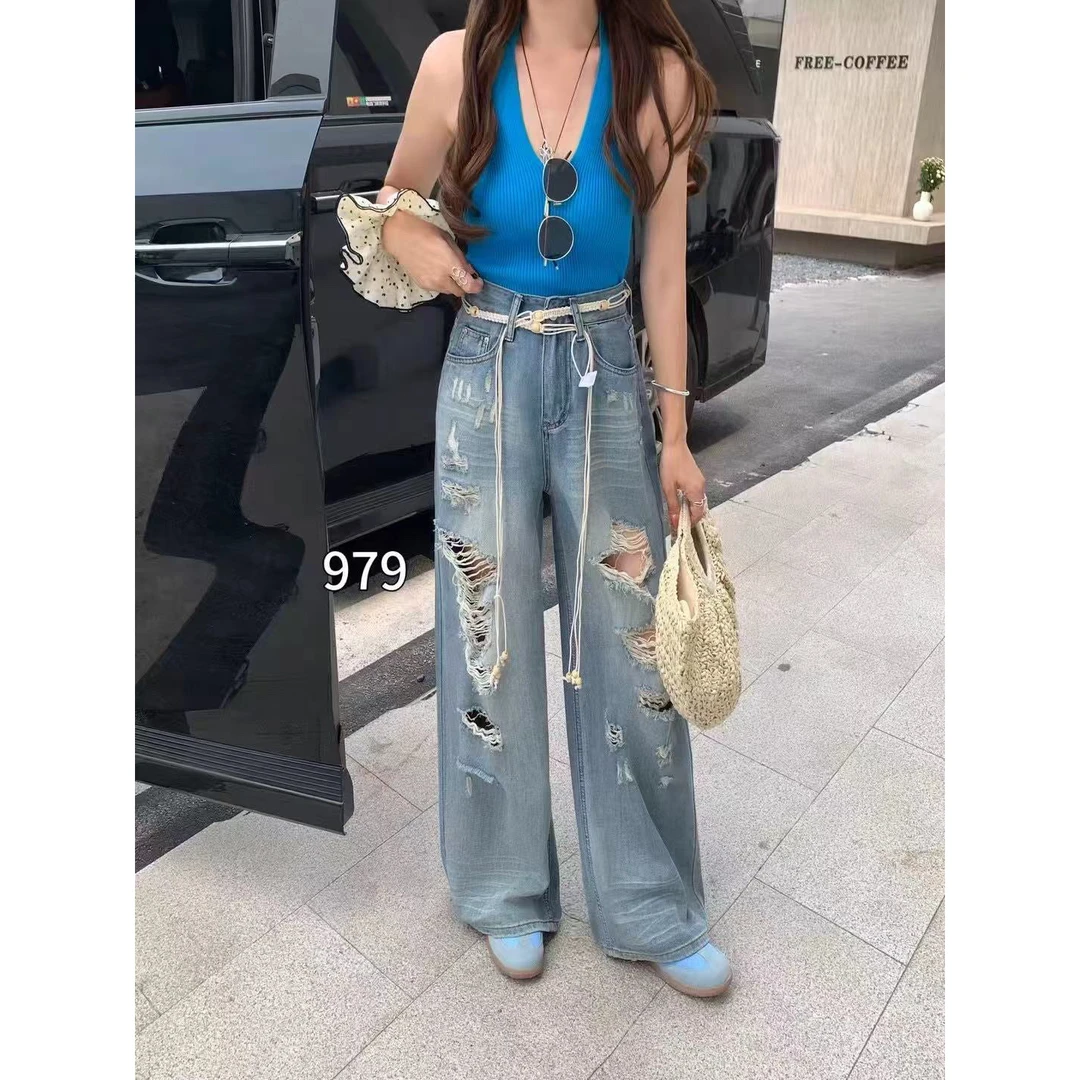 新品韩系设计感高级破洞牛仔裤979