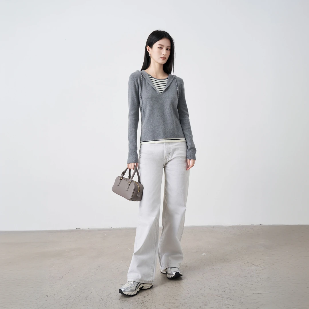 Moprobably李予诺「梵月」休闲百搭条纹假两件套头针织毛衫L5176011