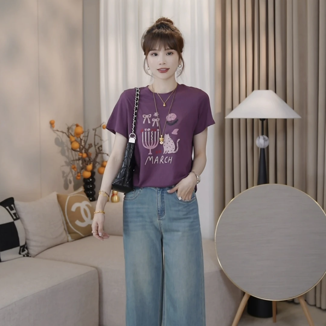 花朵猫咪T～圆领印花刺绣宽松休闲短袖T恤25BT045