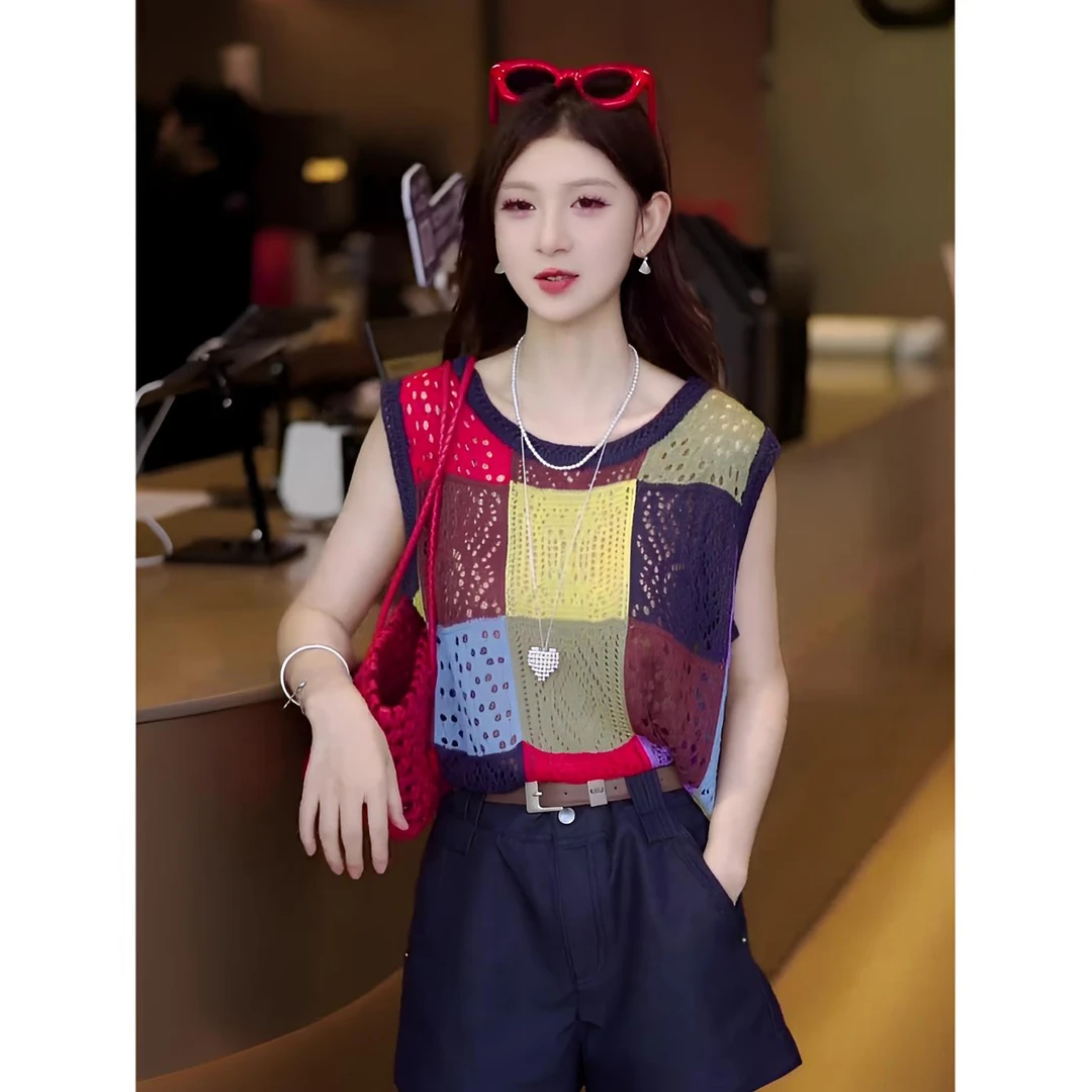 2025夏季新款多巴胺彩色格子针织背心女设计感高级感时尚无袖上衣