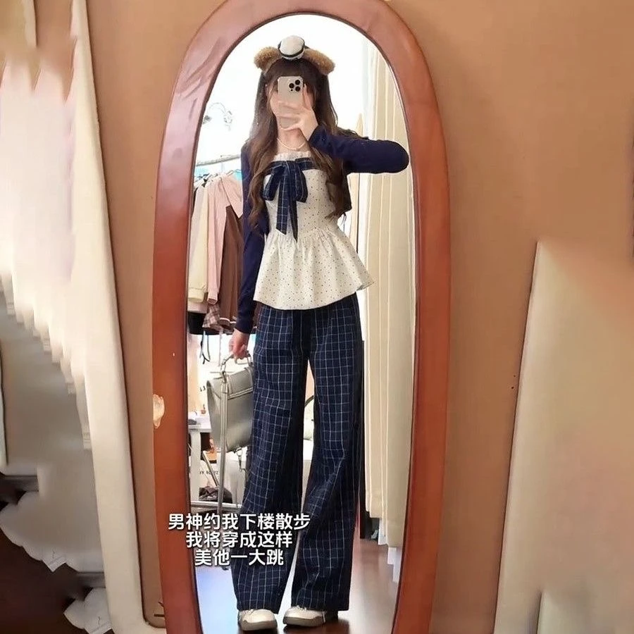 春夏氛围感套装韩系气质穿搭针织开衫蝴蝶结上衣秋高腰格纹阔腿裤