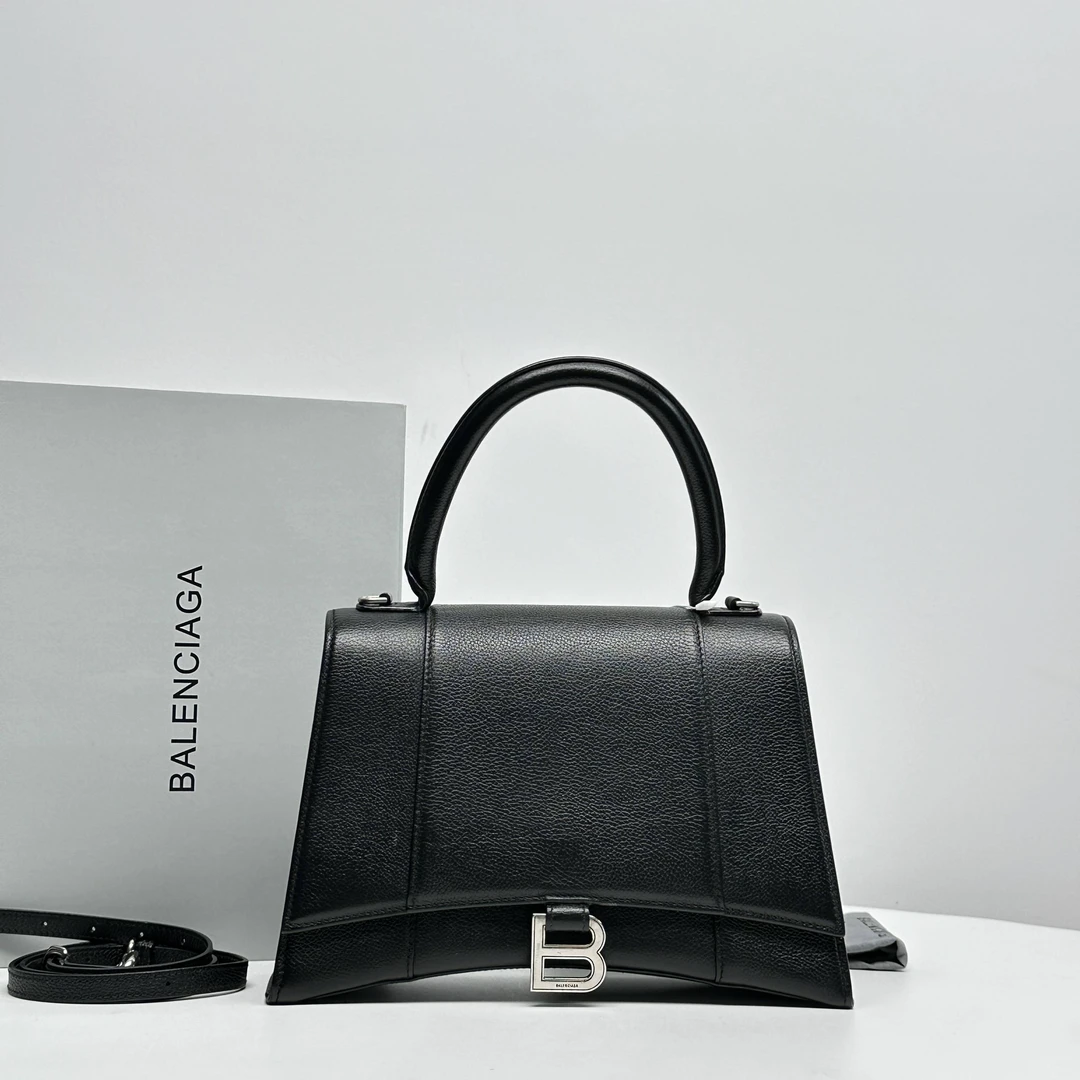 95新 Balenciaga/巴黎世家 巴黎世家荔枝皮黑银沙漏手提包HBLC931