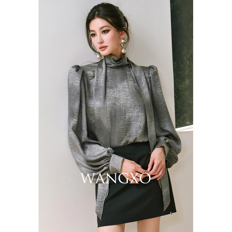 WANGXO  流光绸法式飘带灯笼袖轻奢衬衫250720W