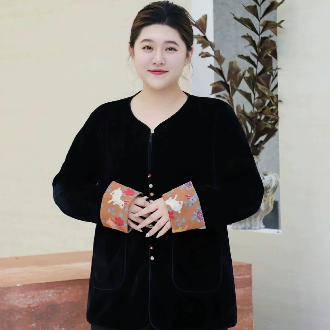 气质时尚女士黑色秋冬网红百搭复古宽松中式中国风唐装重工上衣