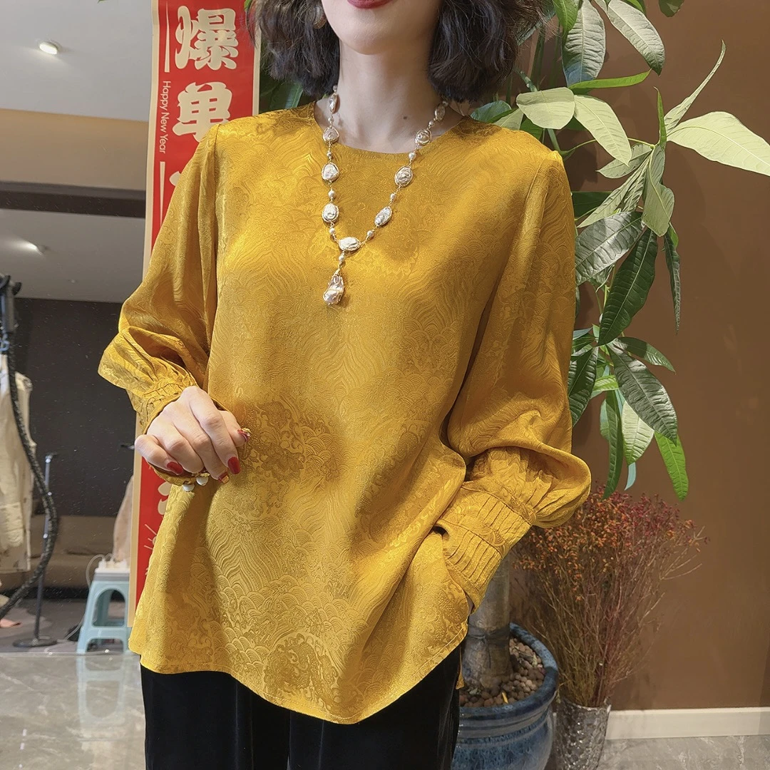 新中式光感提花风琴袖百搭显瘦圆领上衣