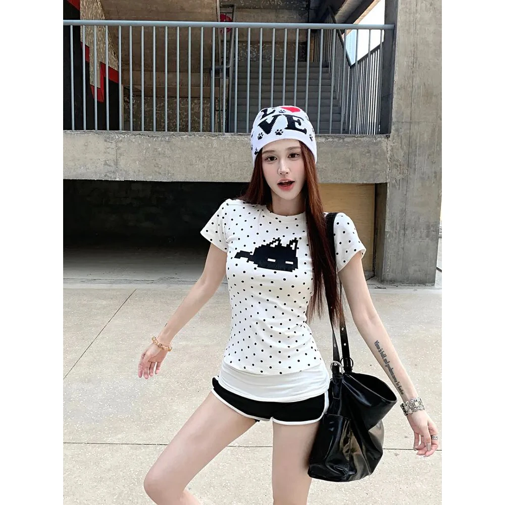 美式甜辣妹猫咪波点正肩短袖t恤女夏季修身百搭独特别致chic上衣