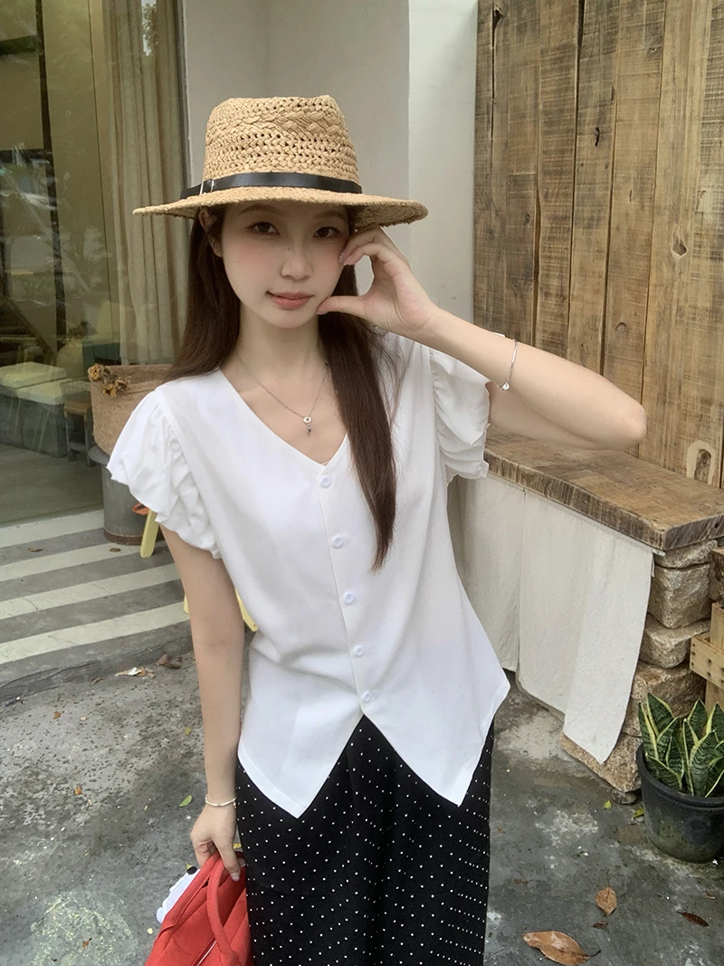 大码设计感V领飞飞袖短袖衬衫女夏季胖mm收腰显瘦开衫1622739