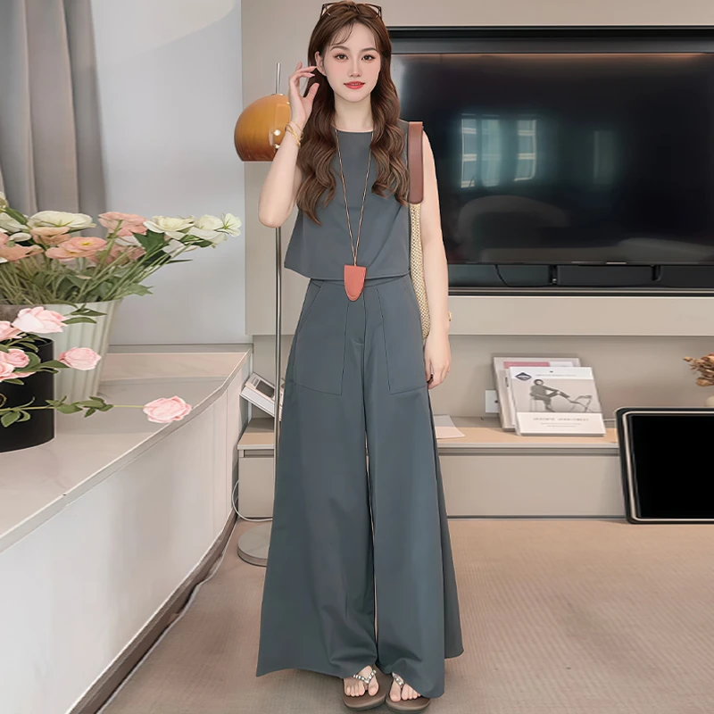 休闲韩版简约无袖套装女2025年夏季新款背心上衣高腰长裤两件套潮