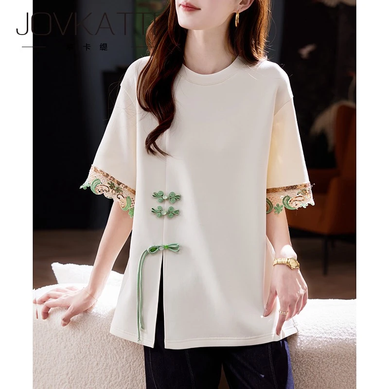 新中式亮片盘扣拼接短袖T恤2025夏季宽松休闲百搭上衣