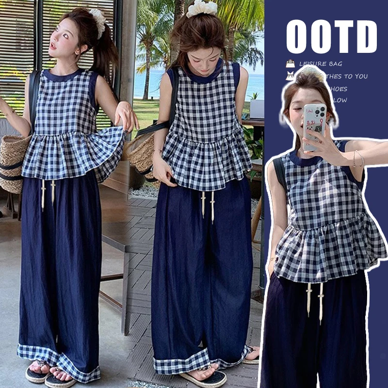 夏季孕妇装慵懒风时髦气质套装韩系夏日高级感格子无袖上衣阔腿裤