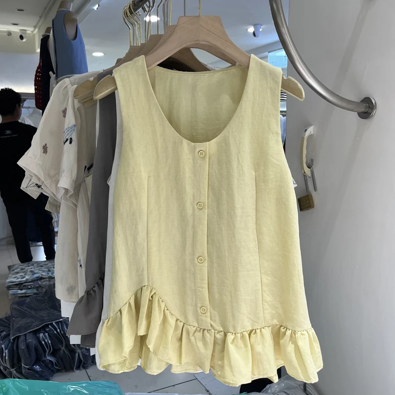 1250韩系U领设计感不规则荷叶花边无袖衬衫女夏季背心小衫上衣