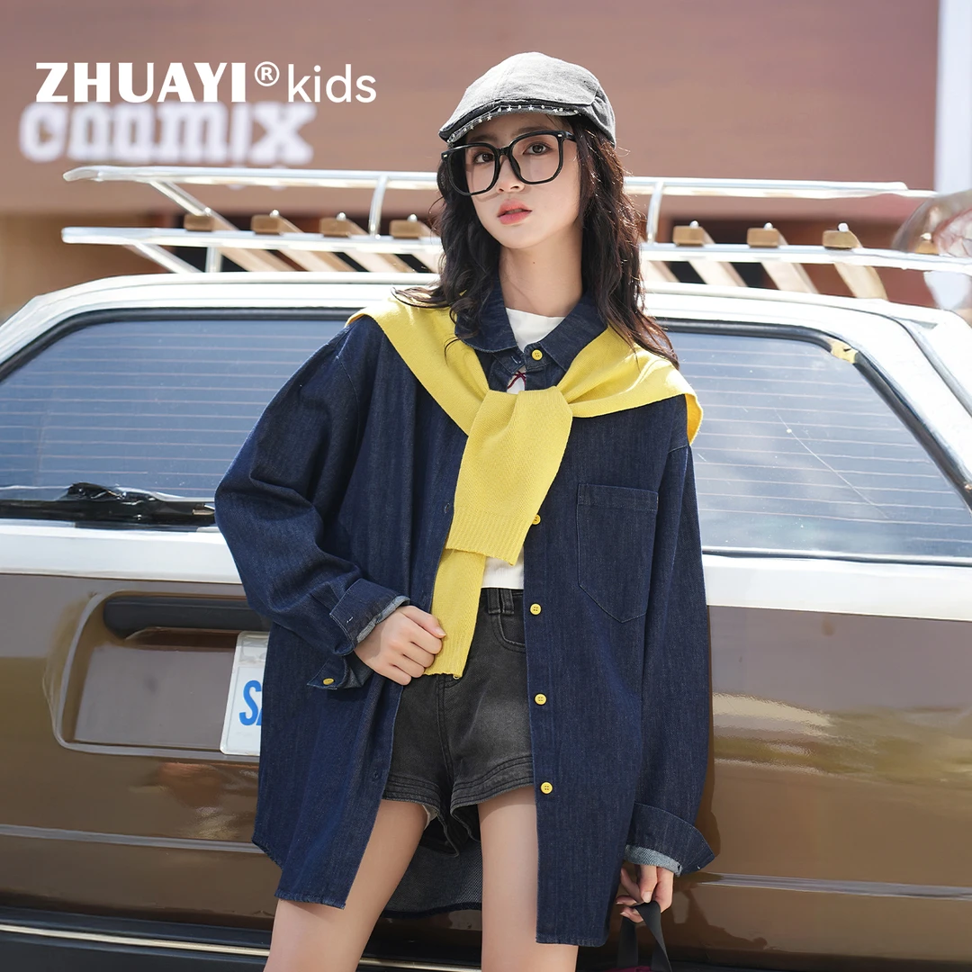 女童针织披肩牛仔衬衫翻领宽松衬衫POLO领秋季上衣(25304304)1