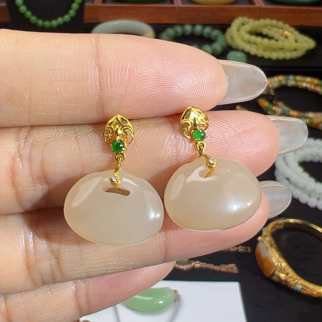 和田玉18K金镶嵌耳饰红粉平安锁包耳坠