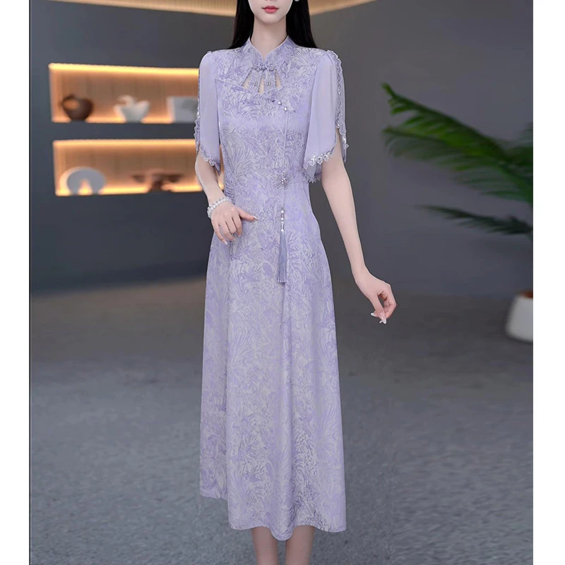 DBF-25A285YR 新中式优雅知性改良蕾丝镂空飞袖减龄连衣裙 M-5XL